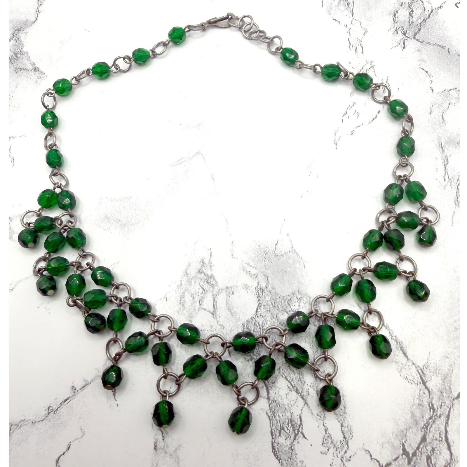 Emerald Green Glass Bib Choker Necklace Silver Tone 14″ Statement