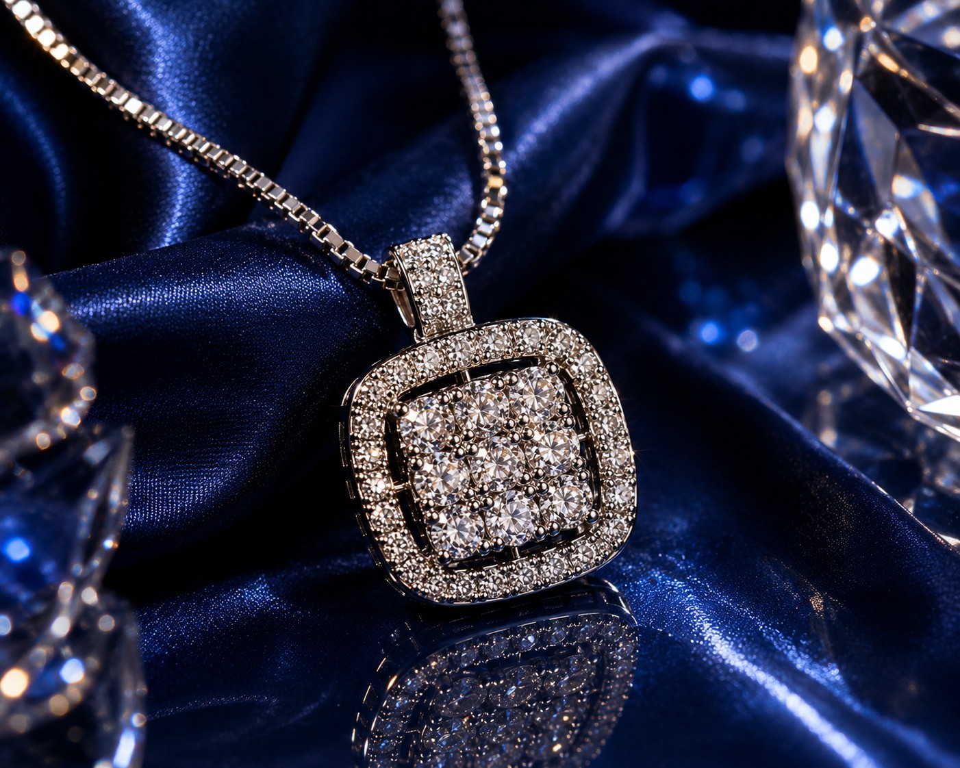 Silver Cushion Halo CZ Pendant Necklace – Box Chain, Pave Cubic Zirconia, 18″