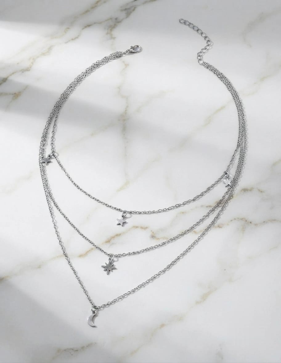 “Triple-Layer Star & Moon Necklace – Celestial Charm for Effortless Daily Wear,