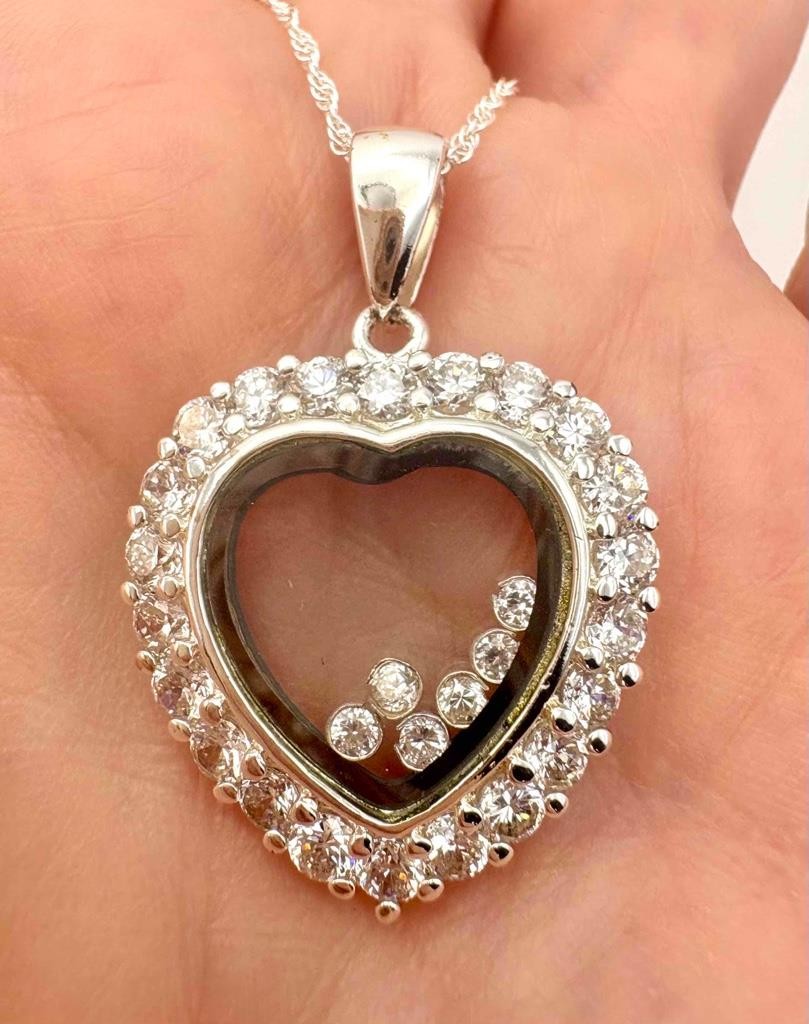 SA Silverage Designer 925 Sterling Silver CZ Floating Heart Pendant Necklace