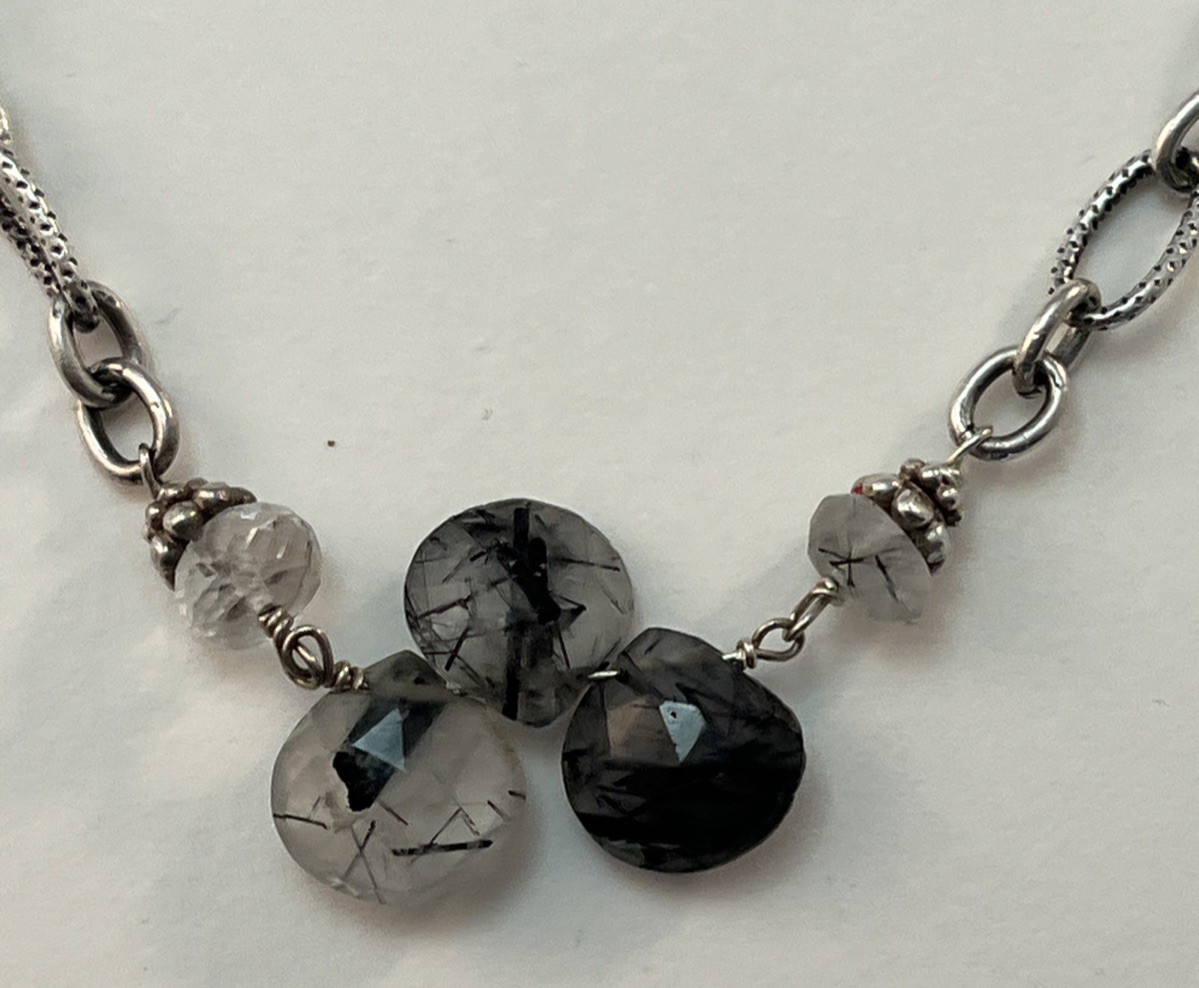 Silver Tone Black/Clear Rutilated Quartz Station Chain Necklace 46″