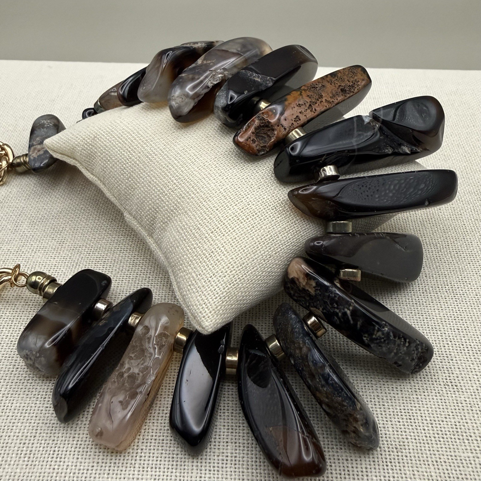 Stone Slice Collar Statement Bib Necklace Brown Black Grey 22″ Artisanal Earthy