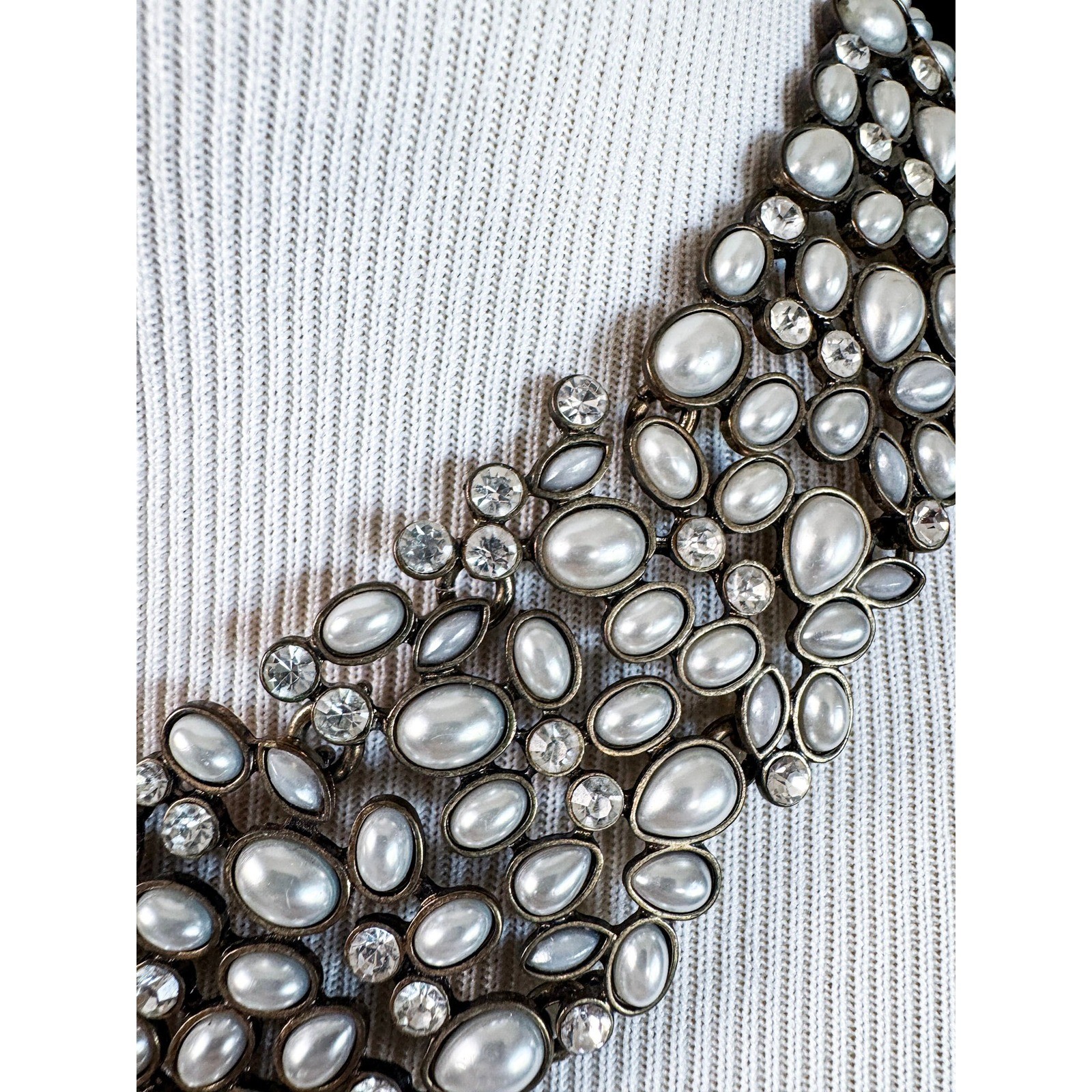 BaubleBar Pearl Rhinestone Statement Bib Necklace Silver Tone Bridal Prom