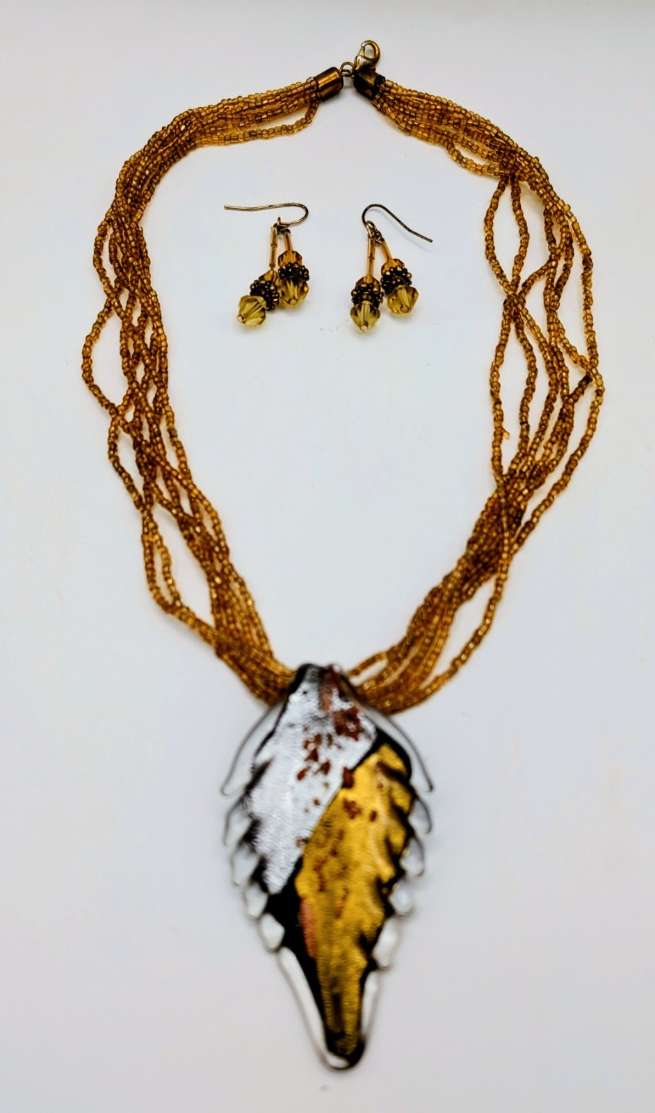 Dichroic Art Glass Pendant Silver Gold on beaded chain with matching earrings