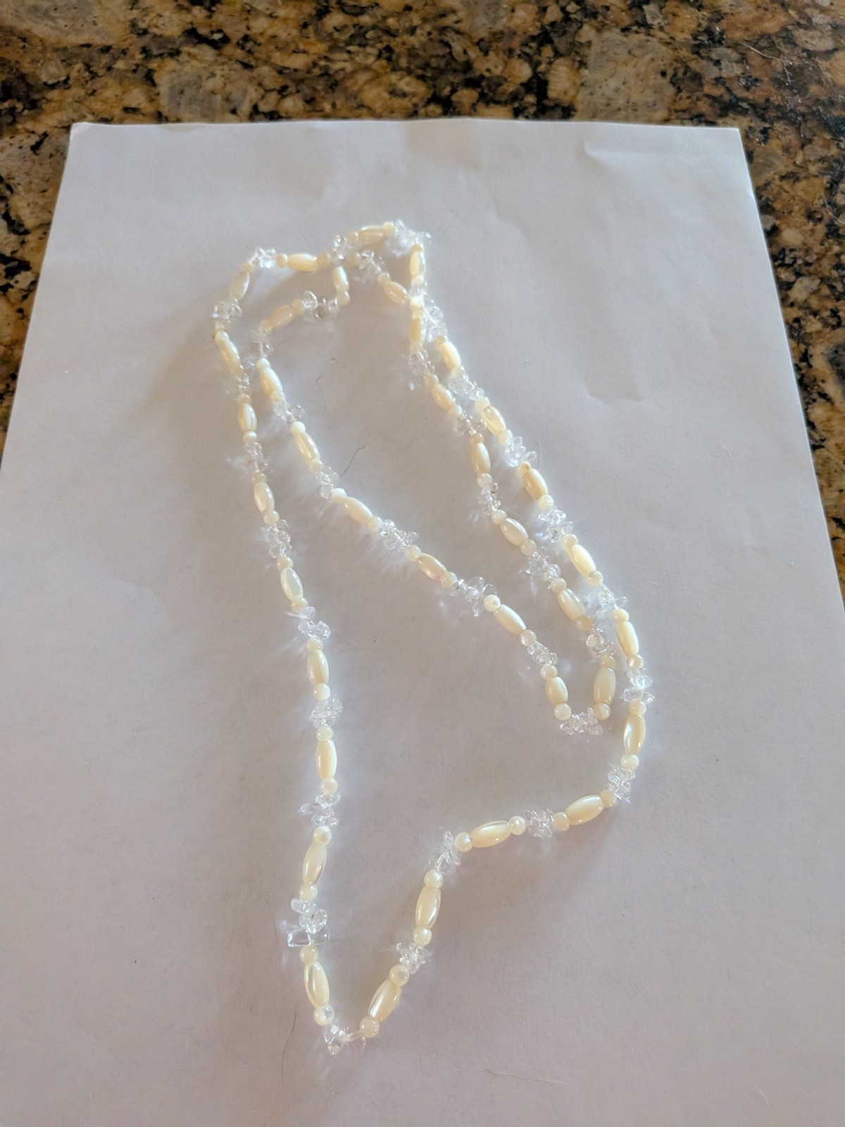 White Beaded Necklace with Oval Beads, Beaded Chain Fashion Jewelry, Undated Era