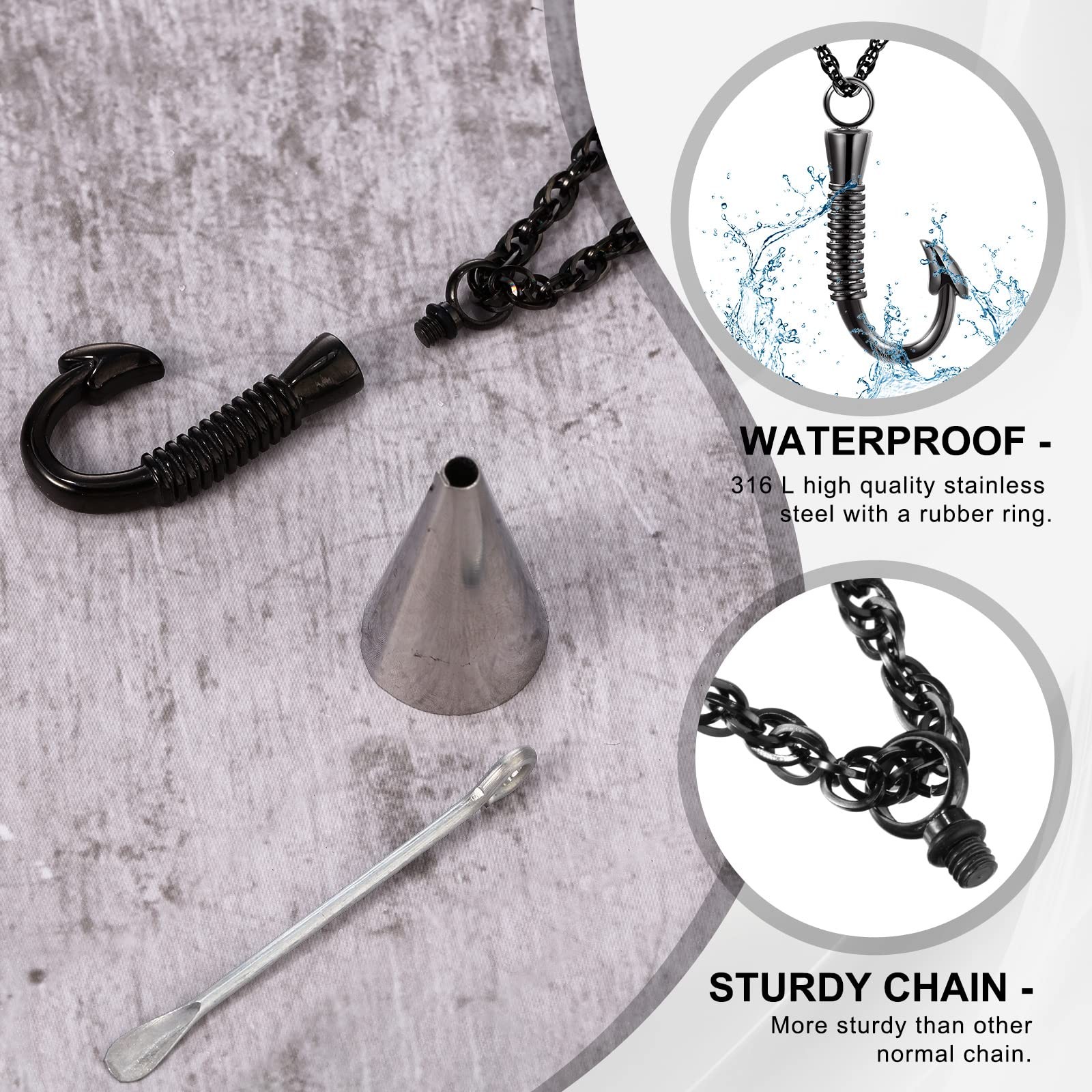 Set of 3 Fishing Hook Urn Necklace for Ashes Black Fish Hook Stainless Steel