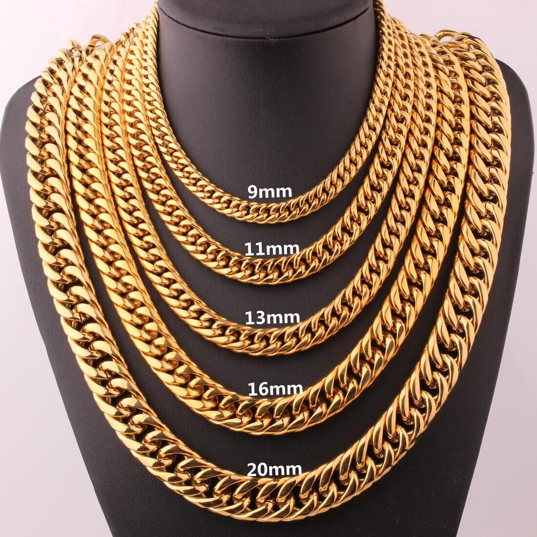 9/11/13/16/20mm Men’s Gold Plated Stainless Steel Curb Cuban Link Chain Necklace