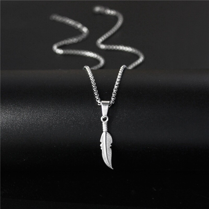 Men’s Fashion Jewelry Silver Minimalist Feather Pendant Necklace 1-300