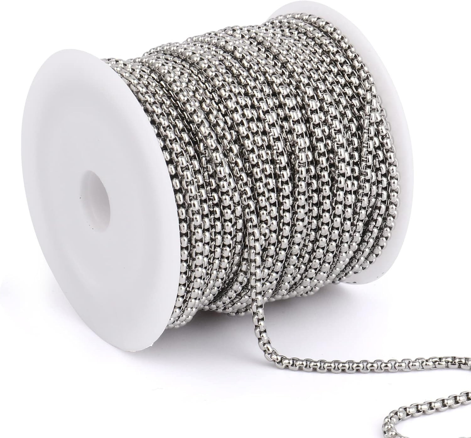 33 Feet Stainless Steel Rolo Box Chain, 3mm Wide 304 Stainless Steel Round Rolo