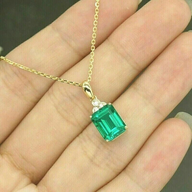 2Ct Emerald Simulated Emerald Diamond Pendant 14k Yellow Gold Plated 18” Chain