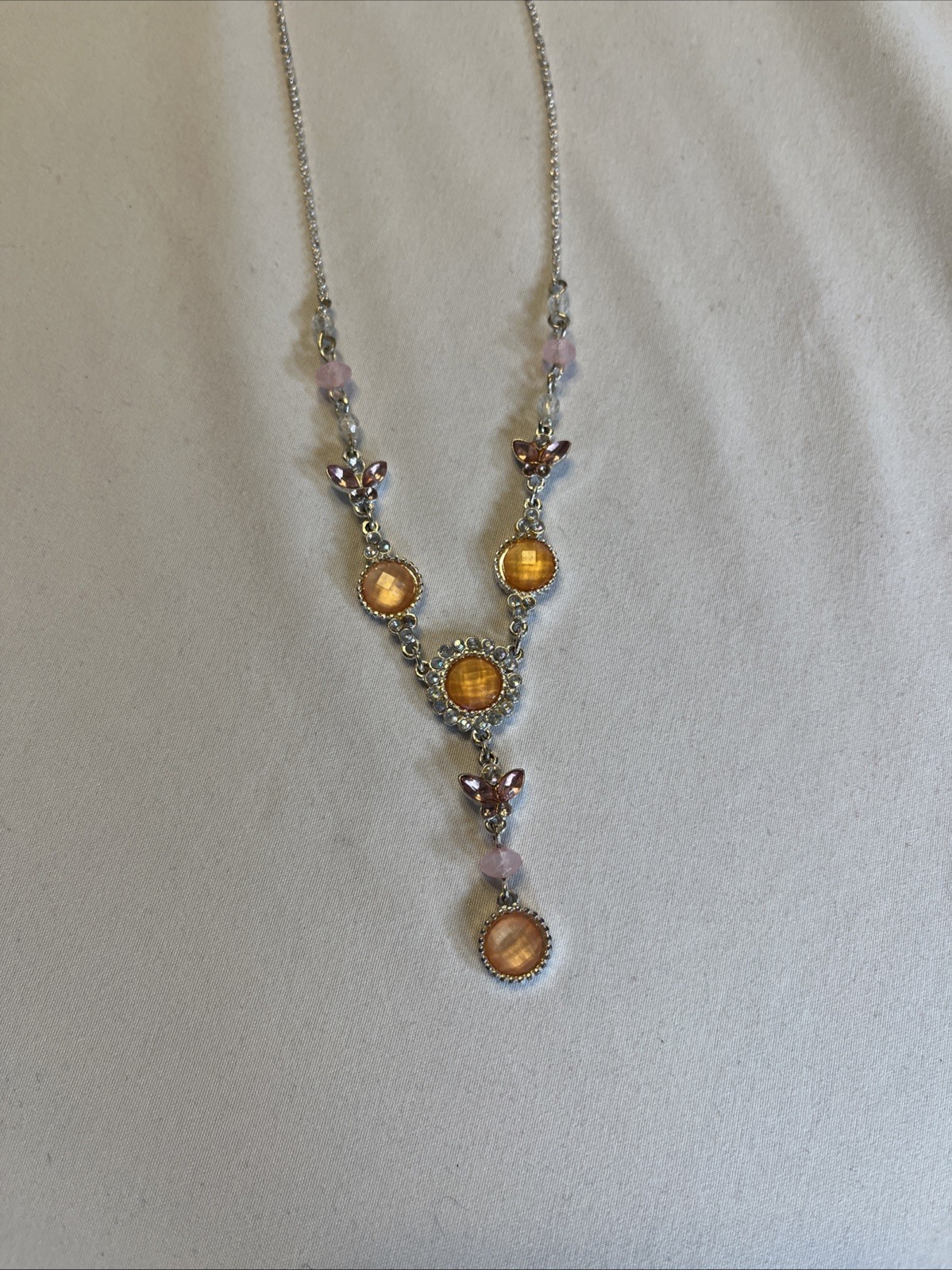 Y Drop Rhinestone Necklace Amber Topez Silver Tone Color Y2K