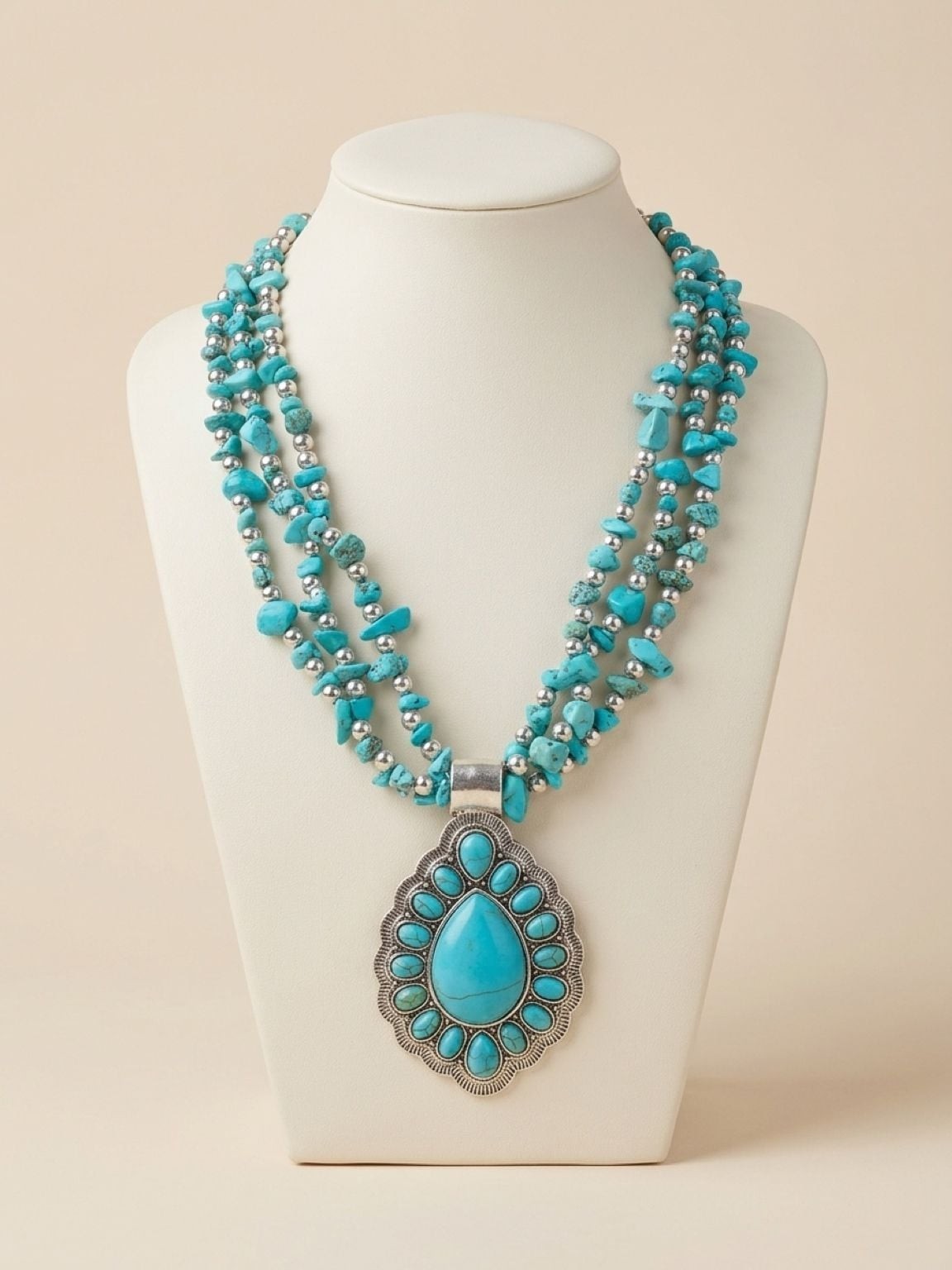Bohemian Triple-Strand Turquoise and Silver-Tone Beaded Statement Necklace