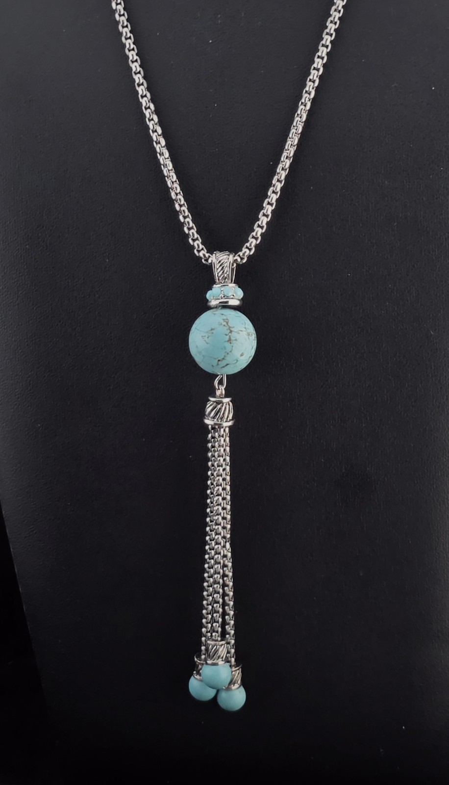 Southwestern Turquoise Tassel Pendant Necklace Heavy Silver Tone 16½” – 19½”