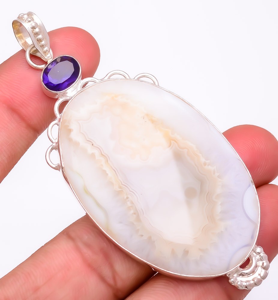 Natural Plume Agate & Amethyst 925 Silver Plated Jewelry Pendant 3.2″ T8641