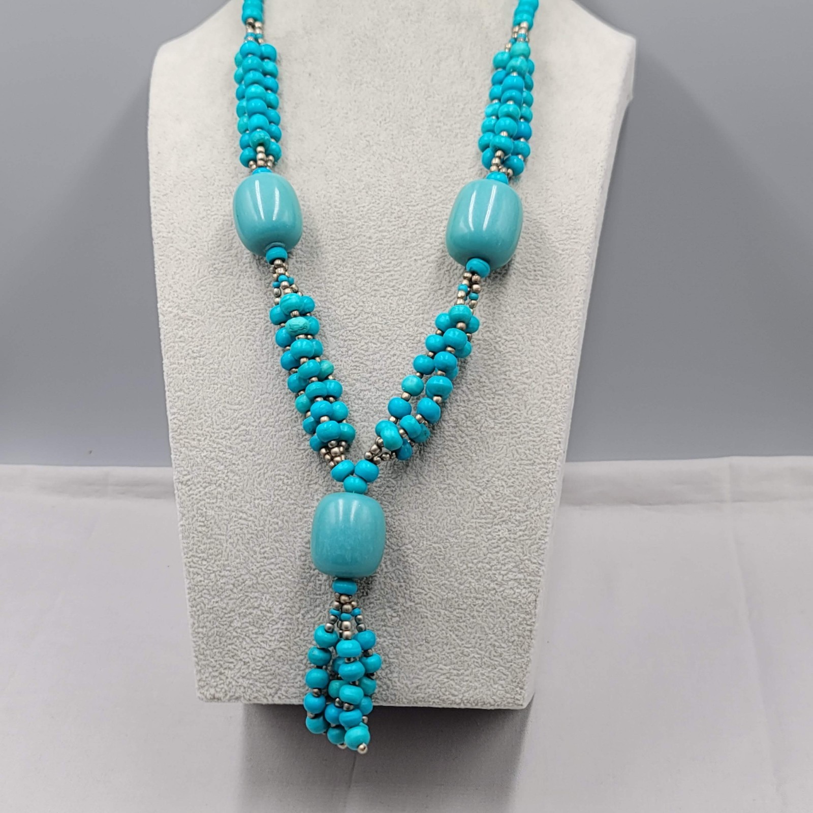 Turquoise Blue Resin Statement Bead Necklace Tassel Pendant 24″