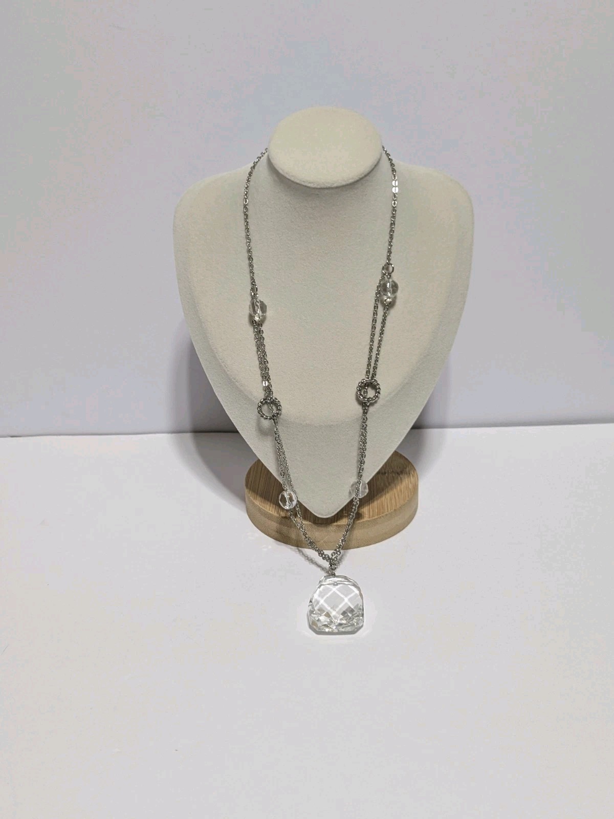 Silver Tone Chain Necklace With Clear Glass Beads & Faceted Rectangular Pendant
