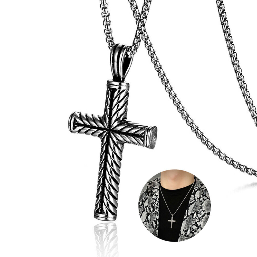 NEW Boys Mens Stainless Steel Vintage Cross Pendant Necklace Men Women Silver
