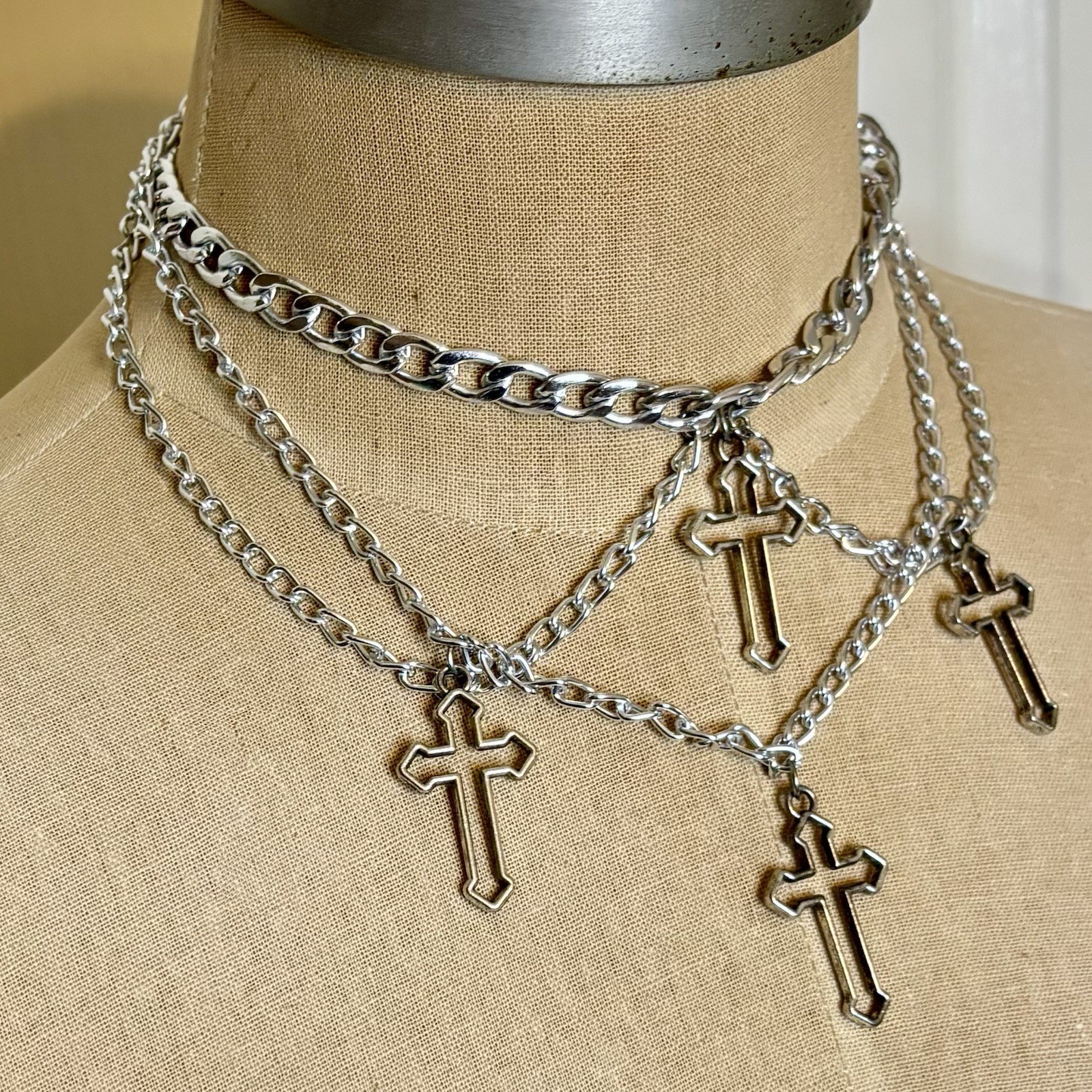 4 Gothic Cross Pendants Choker Silver Tone Necklace Layered Curb/Cuban Chains
