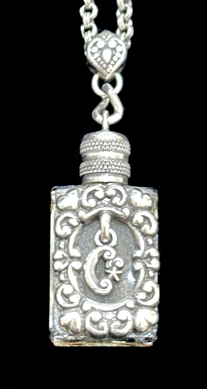 BRIGHTON GLASS PERFUME BOTTLE+SILVER MOON+SCROLLWORK LONG NECKLACE VG✨VTG✨HTF