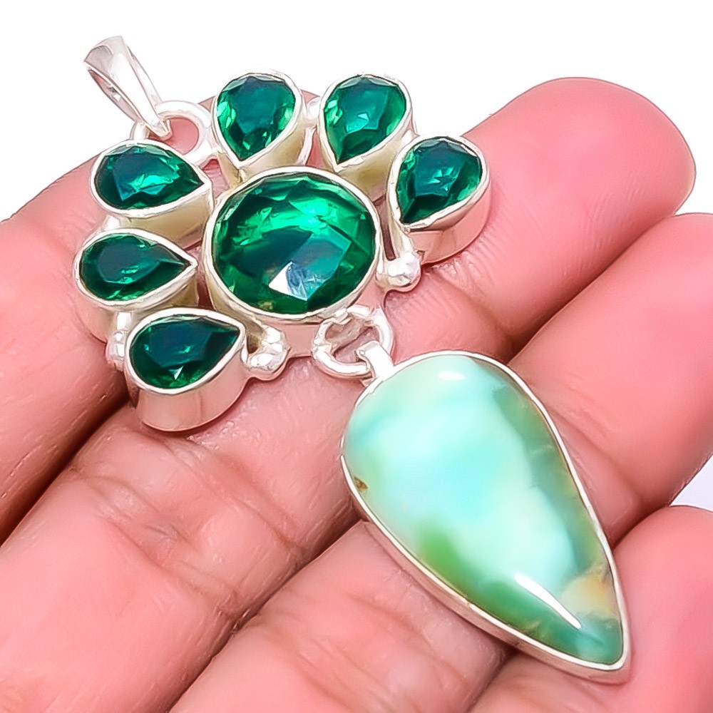 Mint Chrysoprase & Emerald (Lab-Created) 925 Silver Plated Pendant 2.34″ A368
