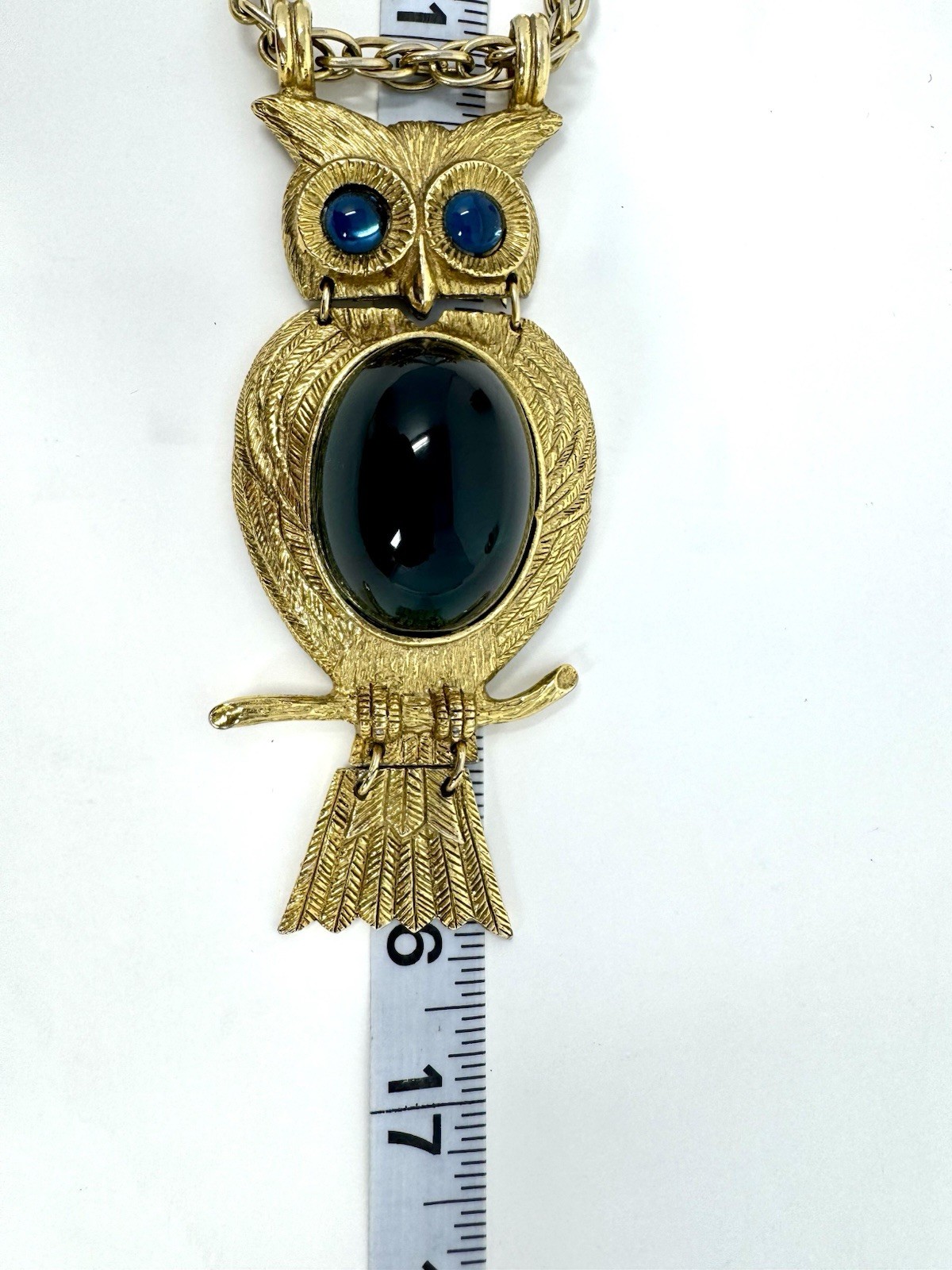 Stunning Vintage 1970s Oversized Owl Green Cabochon Statement Pendant Necklace