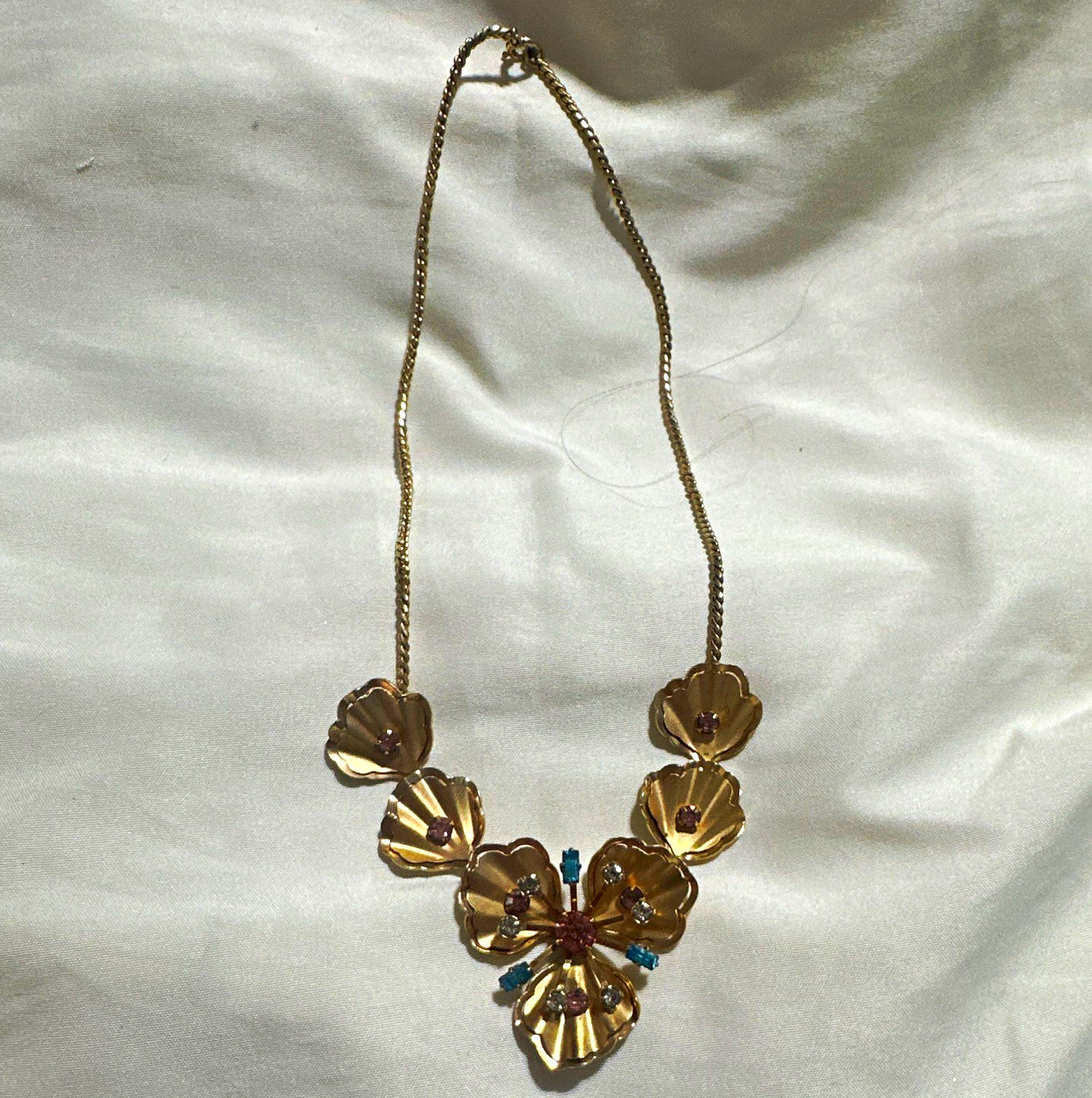 Gold Tone Metal Flower Pendant Necklace Blue Round Crystal Accents Snake Chain