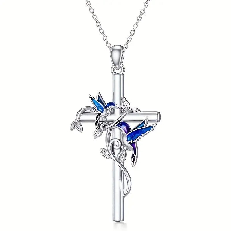 Elegant 925 Sterling Silver Cross Hummingbird Fashion Jewelry Pendant Necklace