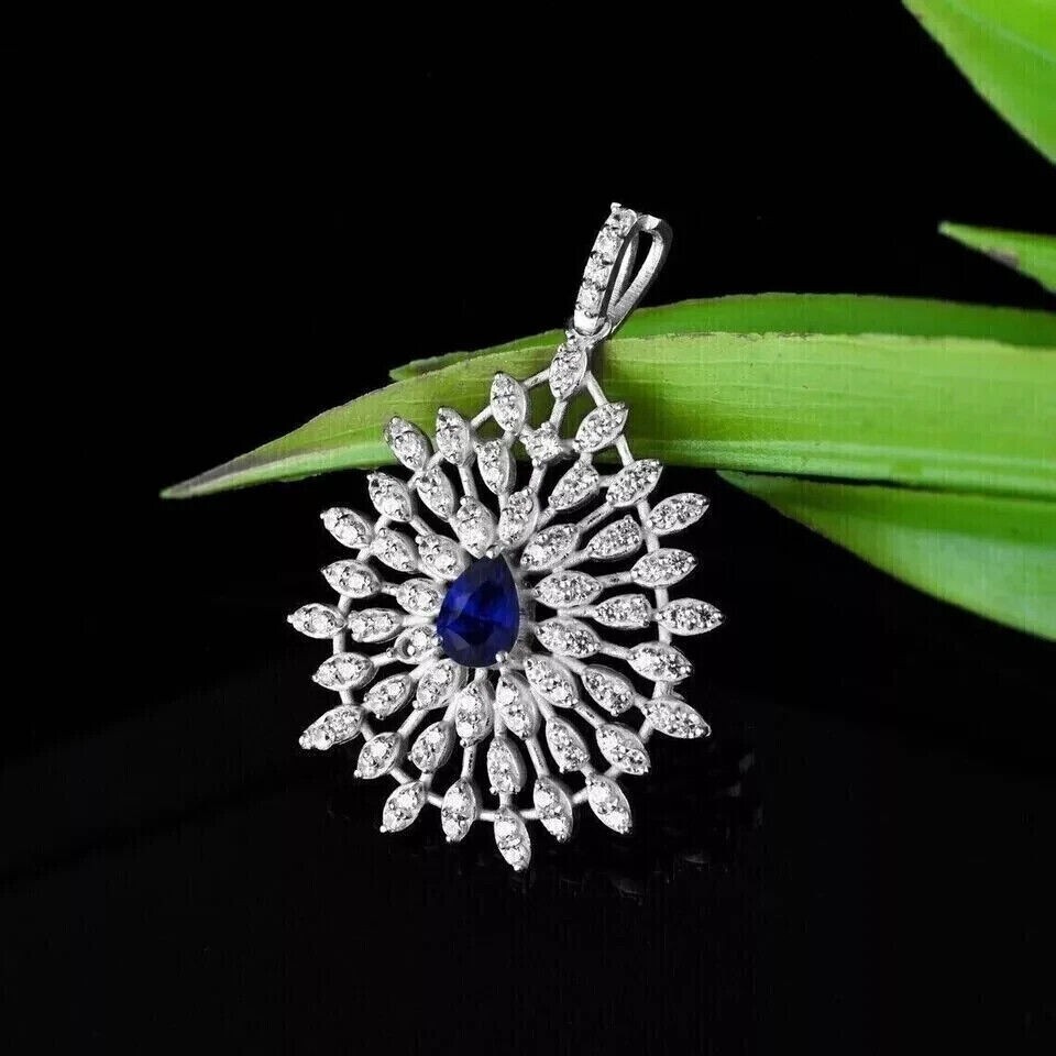 925 Silver 2Ct Pear Cut Simulated Blue Sapphire Pendant In 14k White Gold Plated