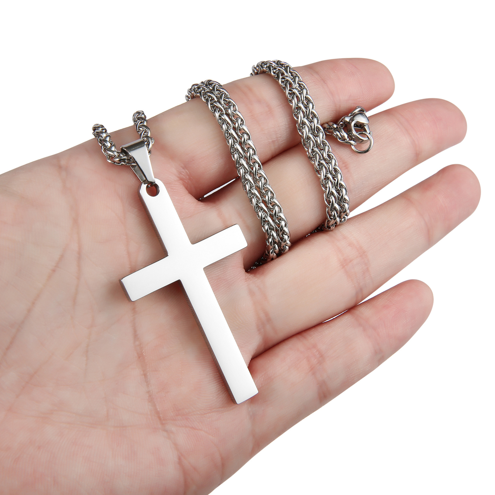 2PCS Men’s Cross pendant Cuban Necklace 24″ stainless steel Silver Plain Gift US