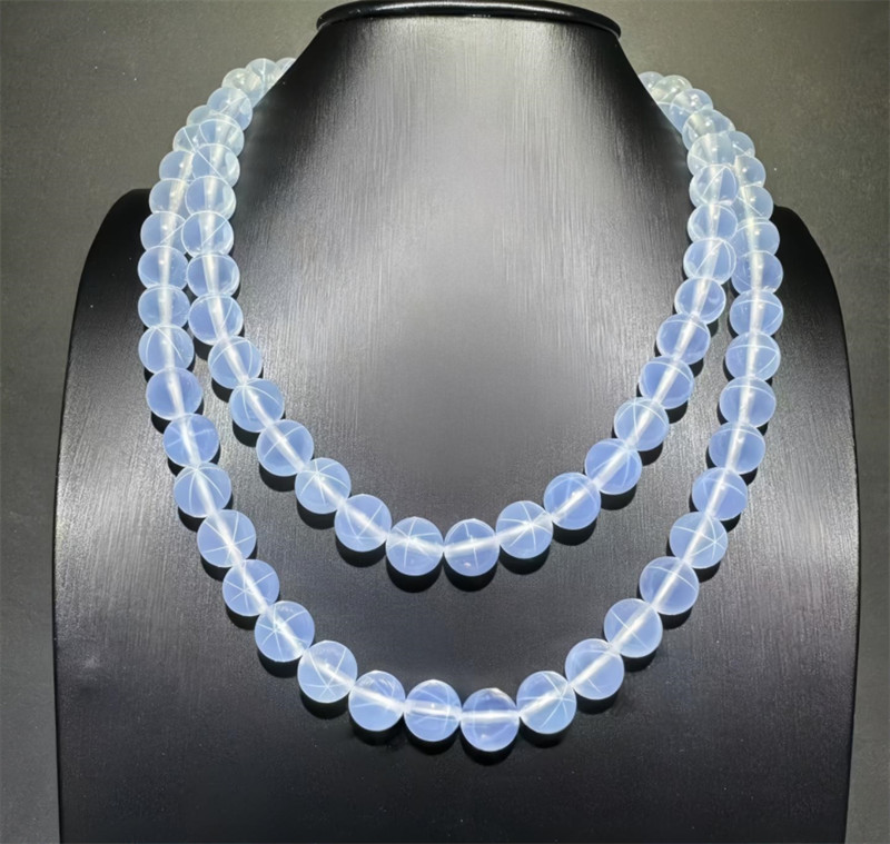 High quality Lab-Created AAAA+ White Star Sapphire Round Bead Necklace 8mm 10mm