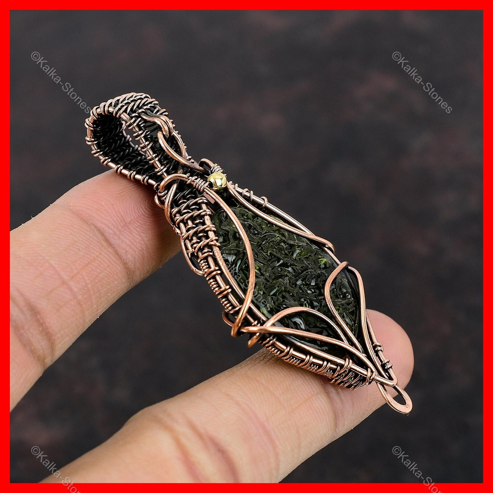Copper Oval Moldavite Gemstone Boho Ethnic Wire Wrapped Third Eye Chakra Pendant
