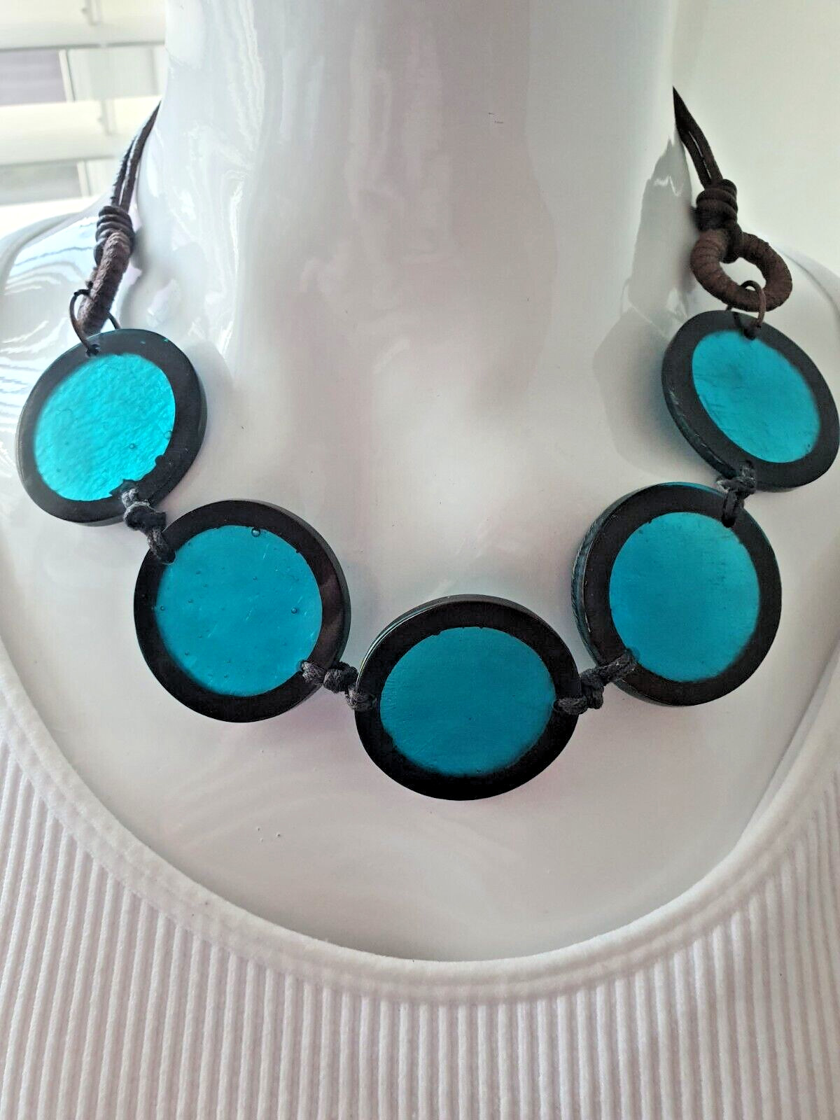 Artisan Studio Blue Dyed Shell Acrylic Disc Round None Metal Statement Necklace