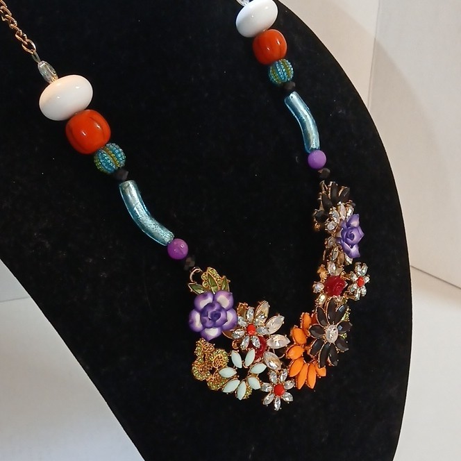 Multicolor Beaded Original Statement Flower Necklace Floral Crystal Accents 1of1