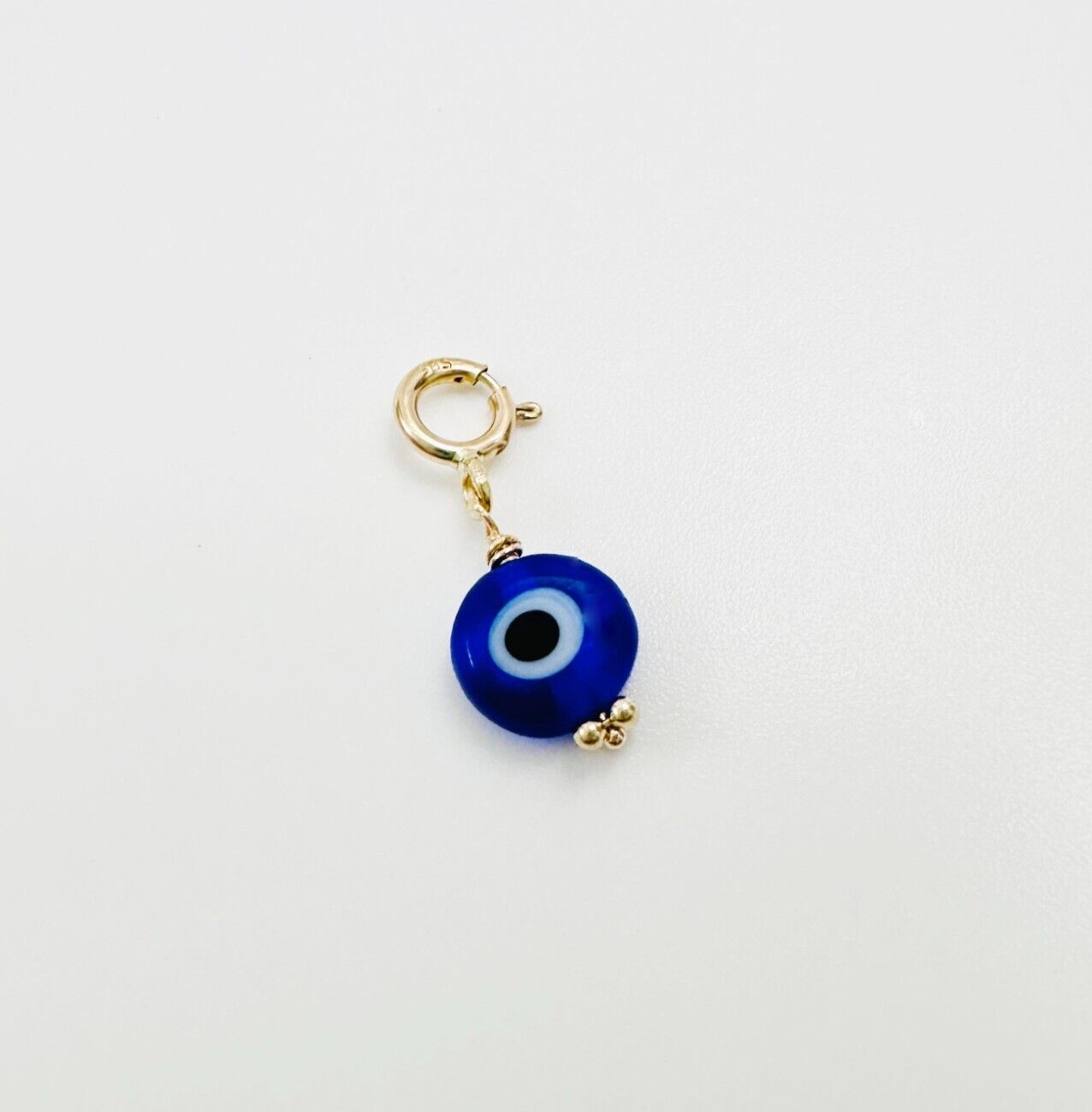 14K Solid Yellow Gold Millefiori Glass Blue Evil Eye Charm Pendant Spring Clasp
