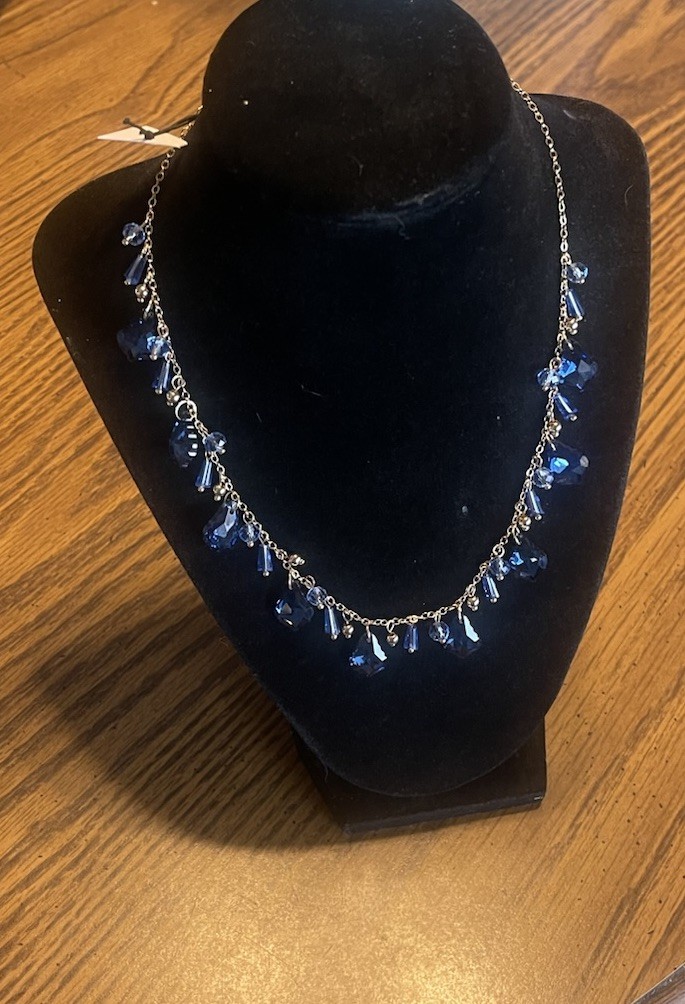 NEW Cara Gold Tone Blue Shaky Crystal Necklace -NWT W/Fabric Pouch