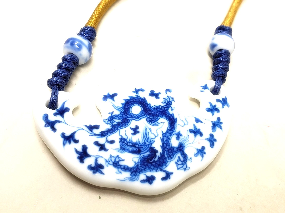 Porcelain Blue White Chinese Dragon Pendant Necklace Adjustable Length Ceramic