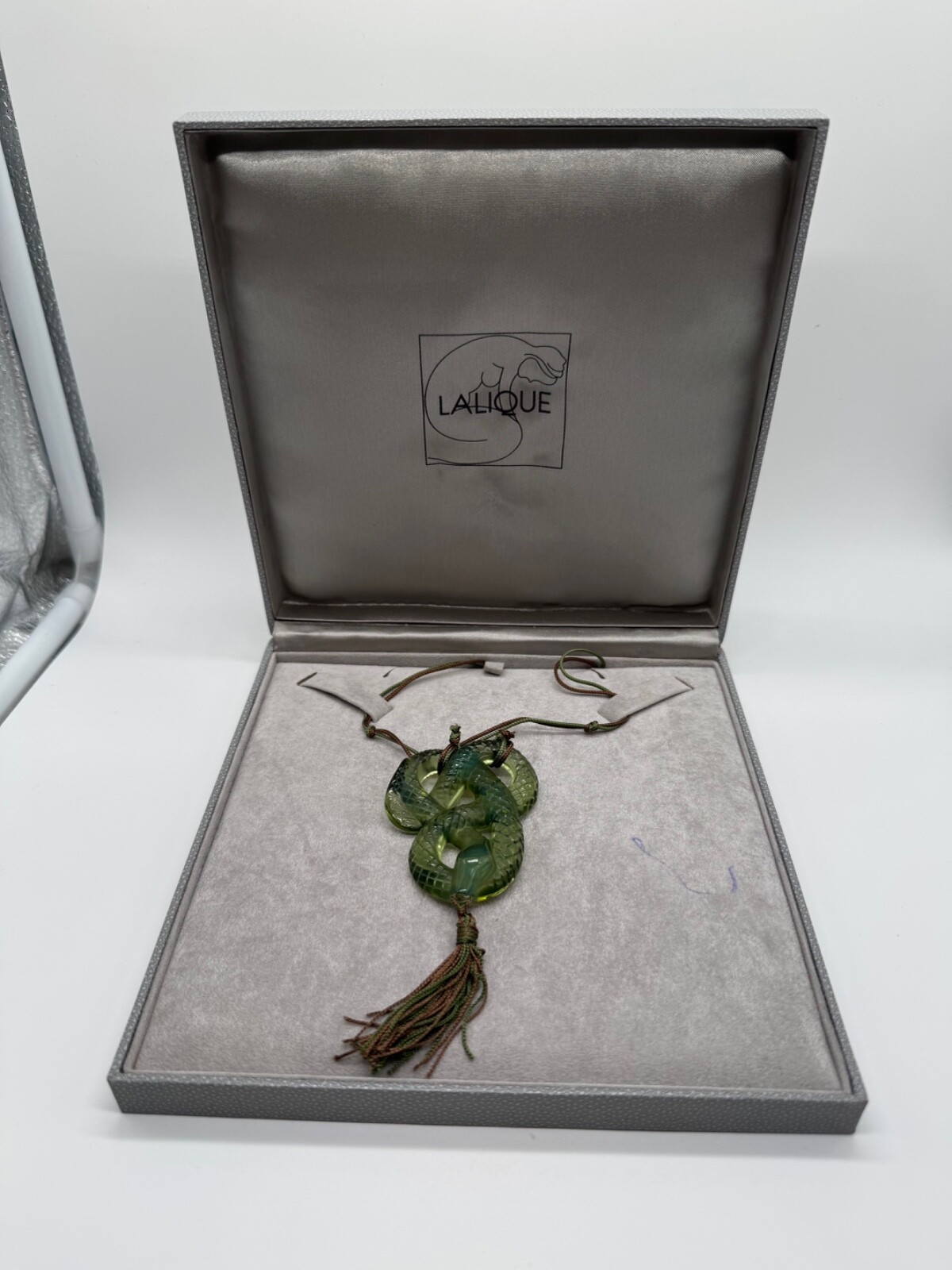 Lalique France Crystal Green Snake Serpent Pendant Silk Cord Necklace w/ Box