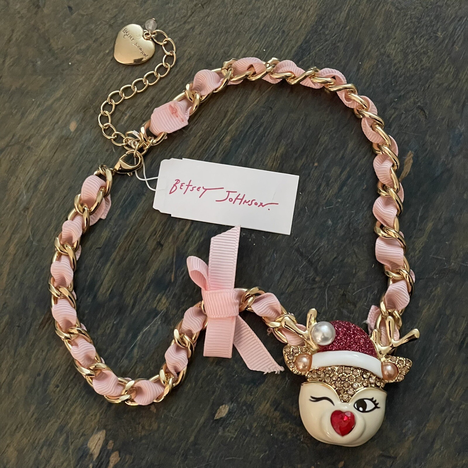 Betsey Johnson Holiday Necklace Pink Ribbon Reindeer Winking Gold Christmas NWT
