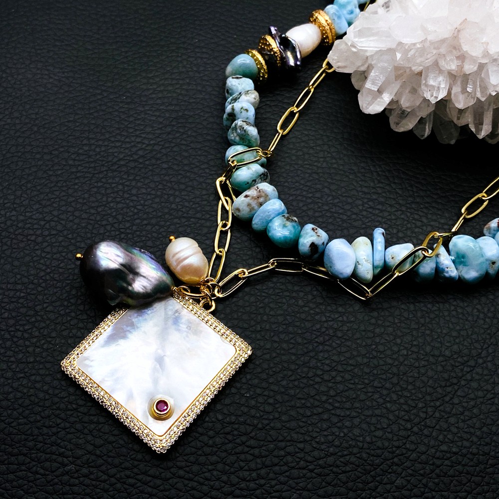 Blue Larimar Chain Choker Necklace White Sea Shell Black Baroque Pearl Pendant