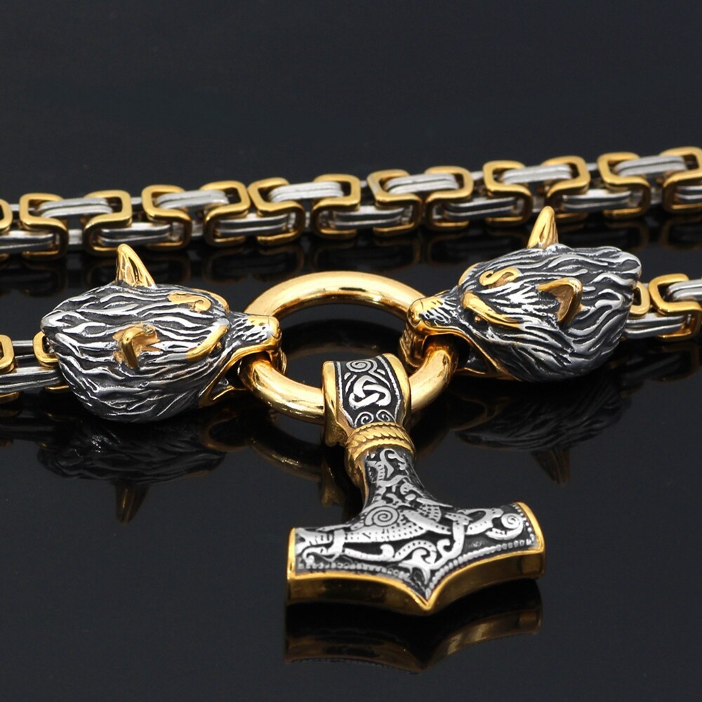 Men Viking Stainless Steel Wolf Thor Hammer Pendant Necklace Norse Mjolnir Odin