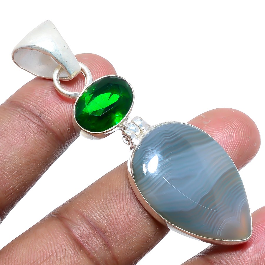 Namibian Lace Agate & Chrome Diopside Silver Handmade Pendant 2.44″ T51