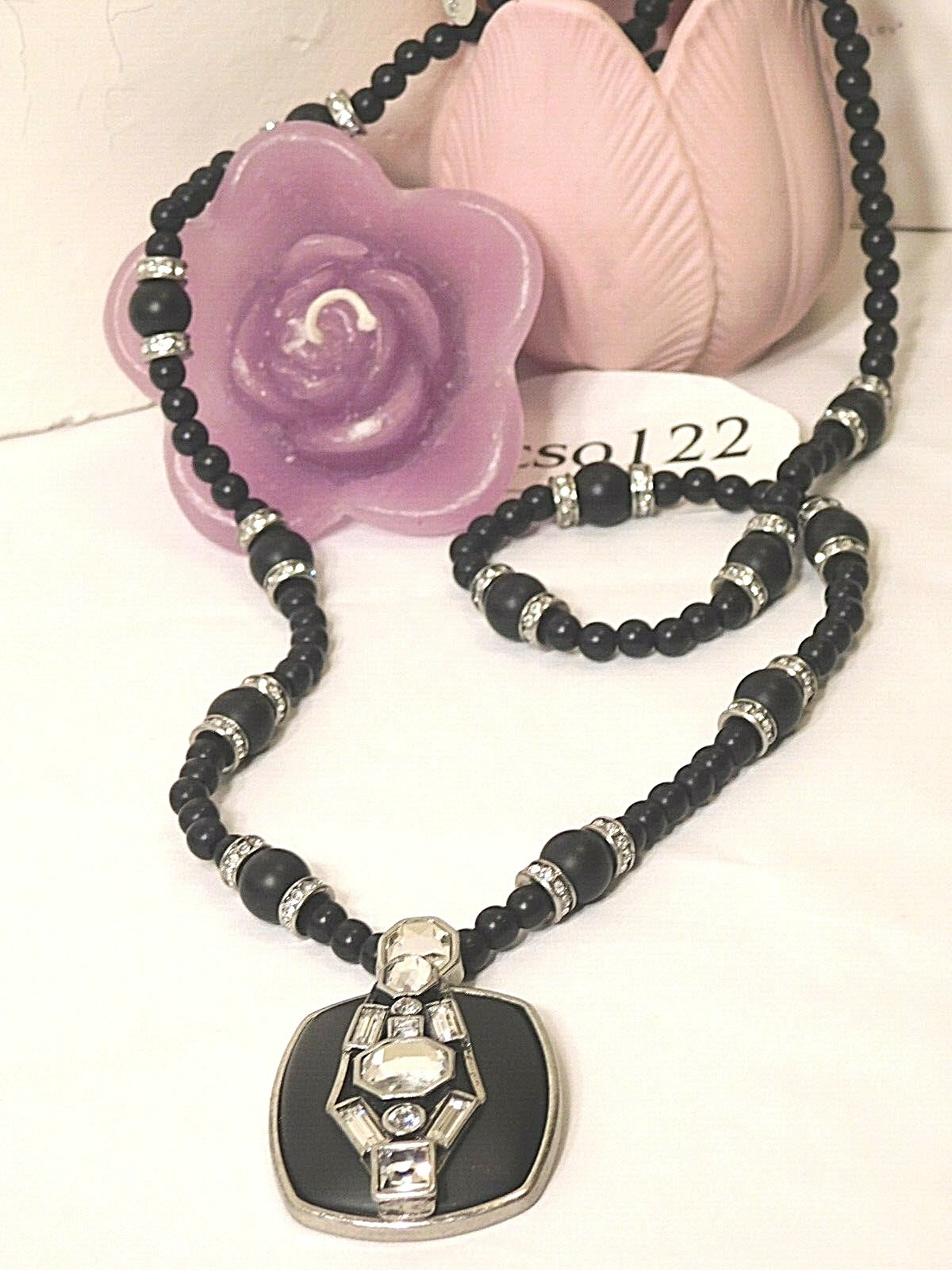 Beautiful Lia Sophia All-Black “TONI ANN” Necklace, 36-39″, Cut Crystals, NWOT