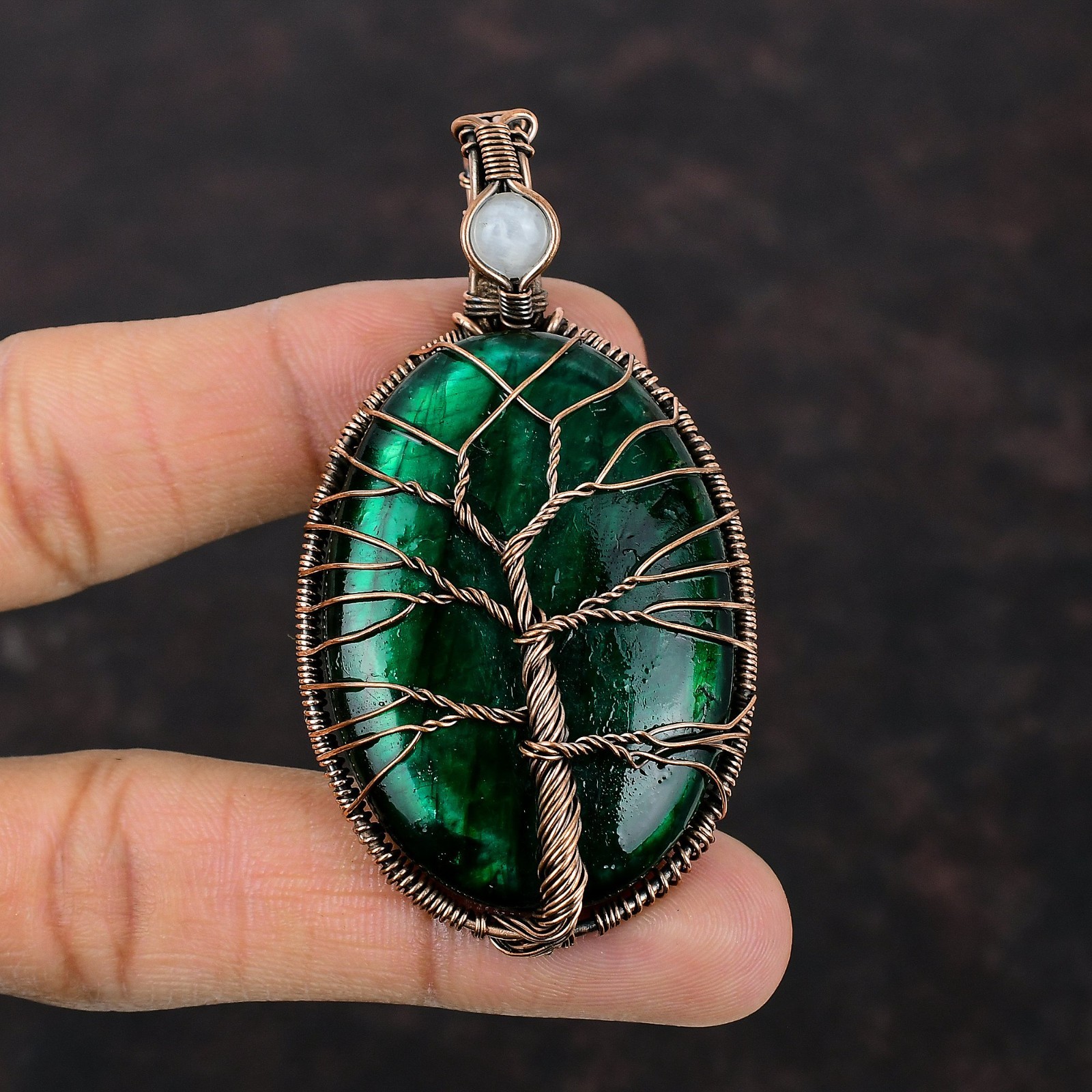 Green Fire Labradorite Gemstone Rainbow Moonstone Artisan Pendant Jewelry Copper