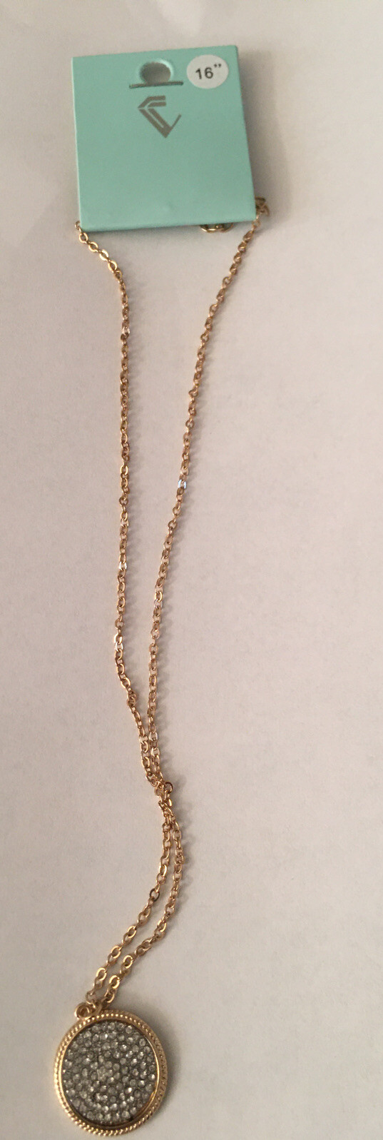 Necklace 16” Gold Chain W/ Round Pendant Clear Stones .75” Diameter New NIP