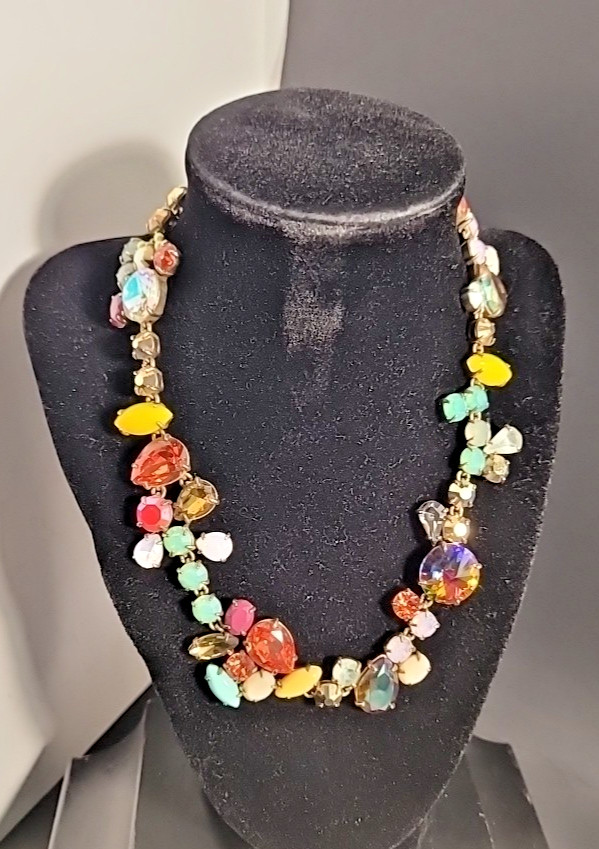 J Crew Melange Statement Necklace Multicolor Crystal Rhinestone Silver Tone 18″