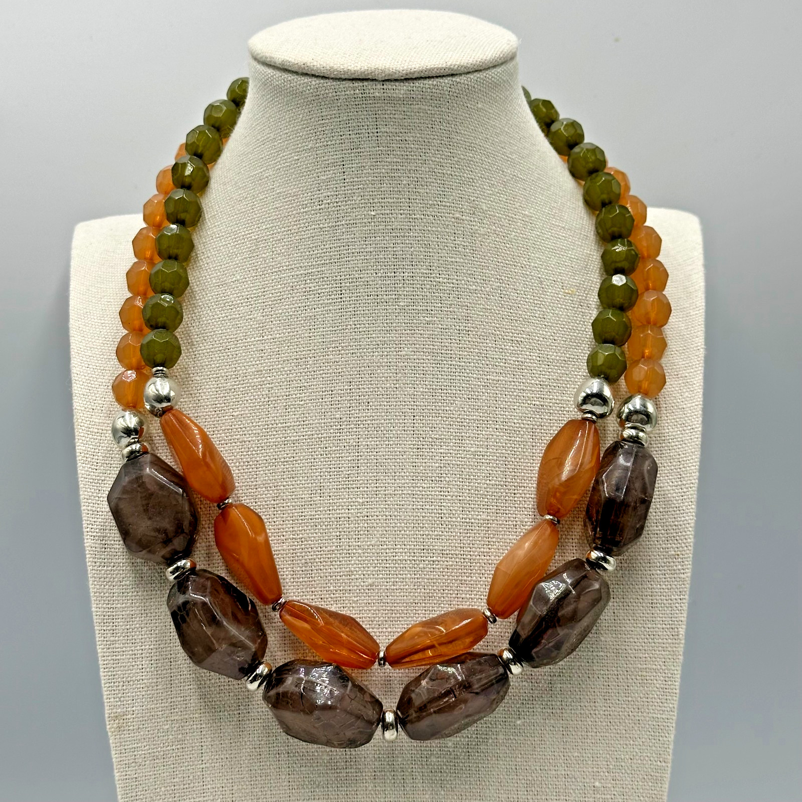 Multicolored Bead Necklace Silver Tone Orange Brown Green Color Block 2 Strand