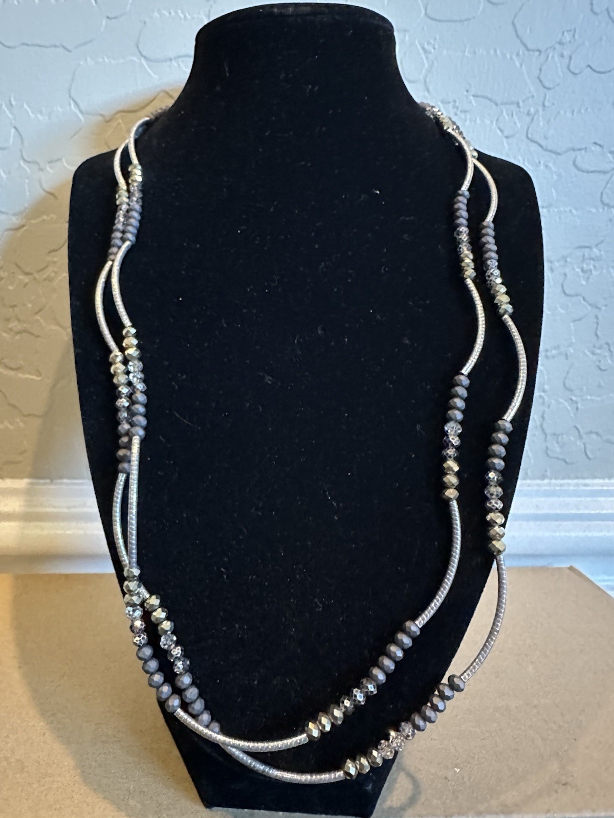 Silver Tone Layered Multi-Strand Snake Chain Necklace w/ Gray Beads