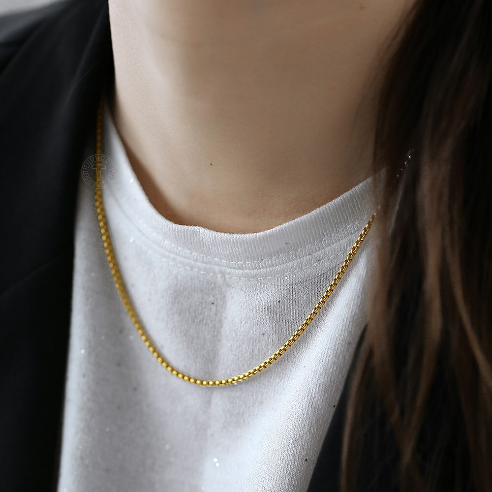 2mm 16″-30″ Box Link Gold Plated Stainless Steel Chain Necklace Men Women Unisex