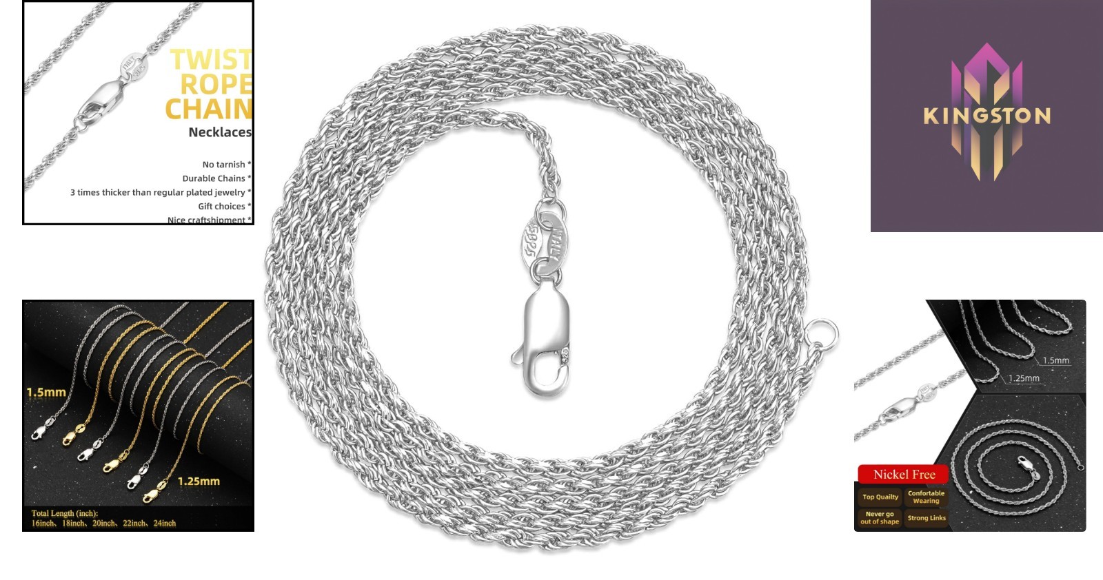 Elegant 925 Sterling Silver Twist Rope Chain Necklace – 18k Gold Plated, 16 Inch