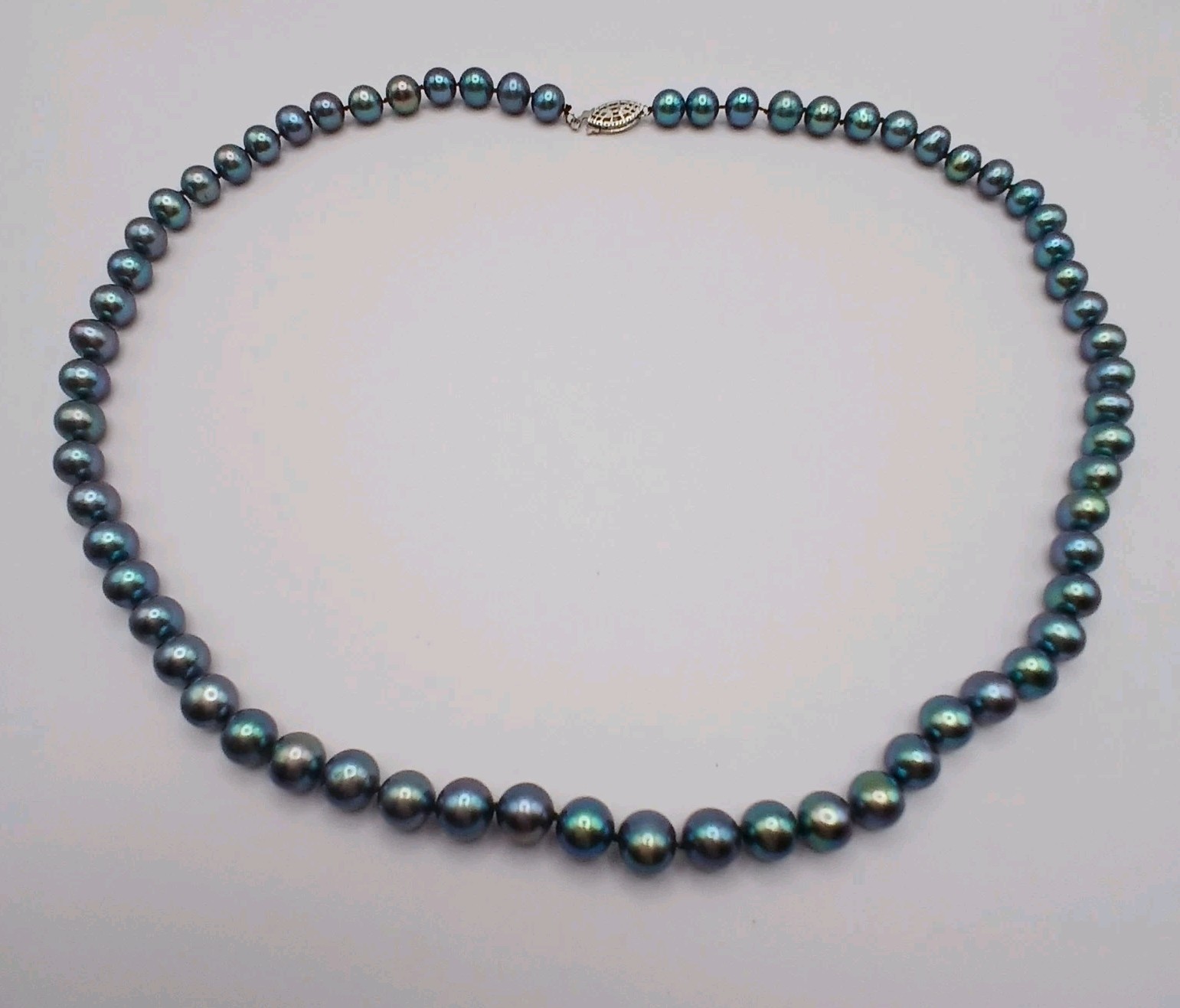 Peacock Black Blue Pearl Necklace “20 White Gold Filled Clasp Hand Knotted 7.5mm